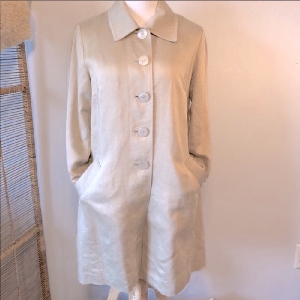 J. JILL-Cream:Tan Button Linen Blend Trench Jacket/Coat-Size Small